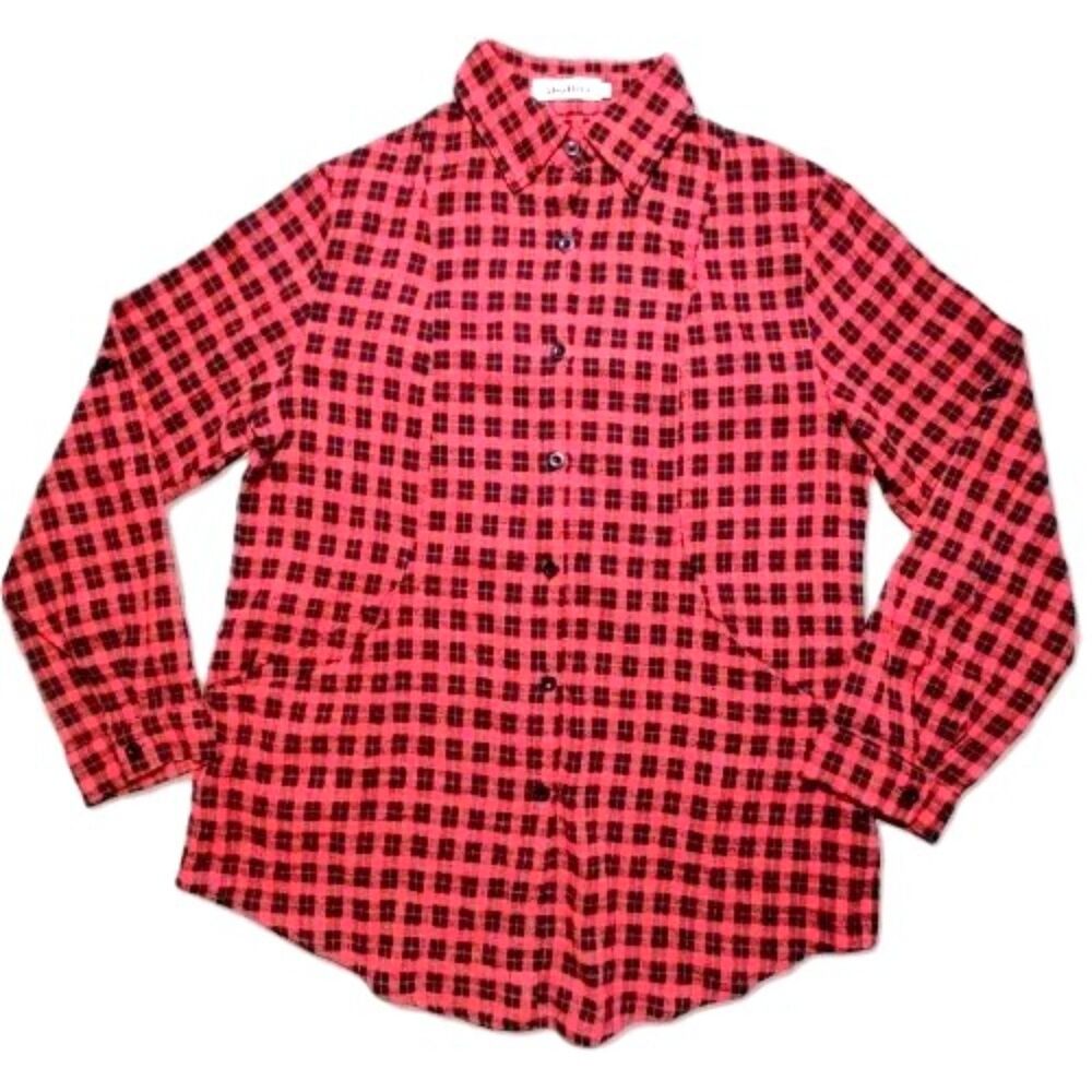 Abollria Women’s L Red Black Plaid Flannel Shirt Front Pockets Roll Tab Sleeves
